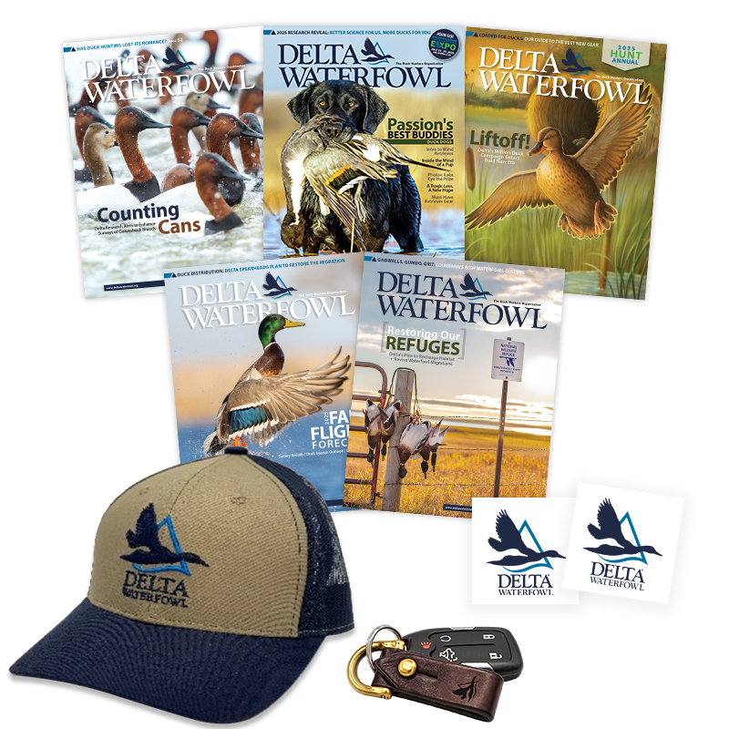 Five Delta Waterfowl Magazines, a tan and navy hat, a keychain, and two decals